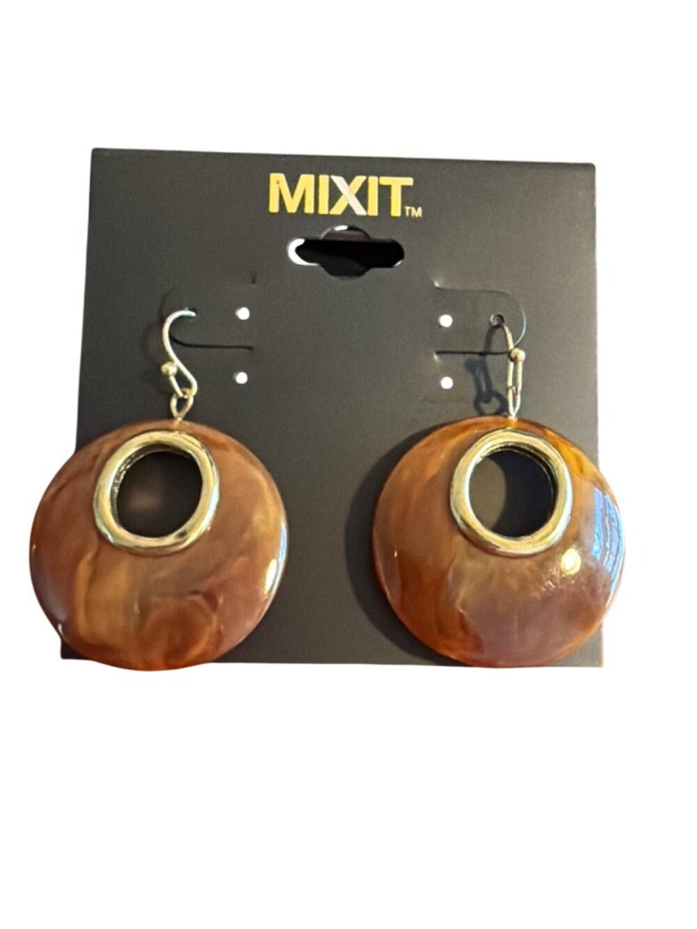 Mixit Gold Tone Marbled Brown Resin Round Drop Earrings Hooks 2" New on Card